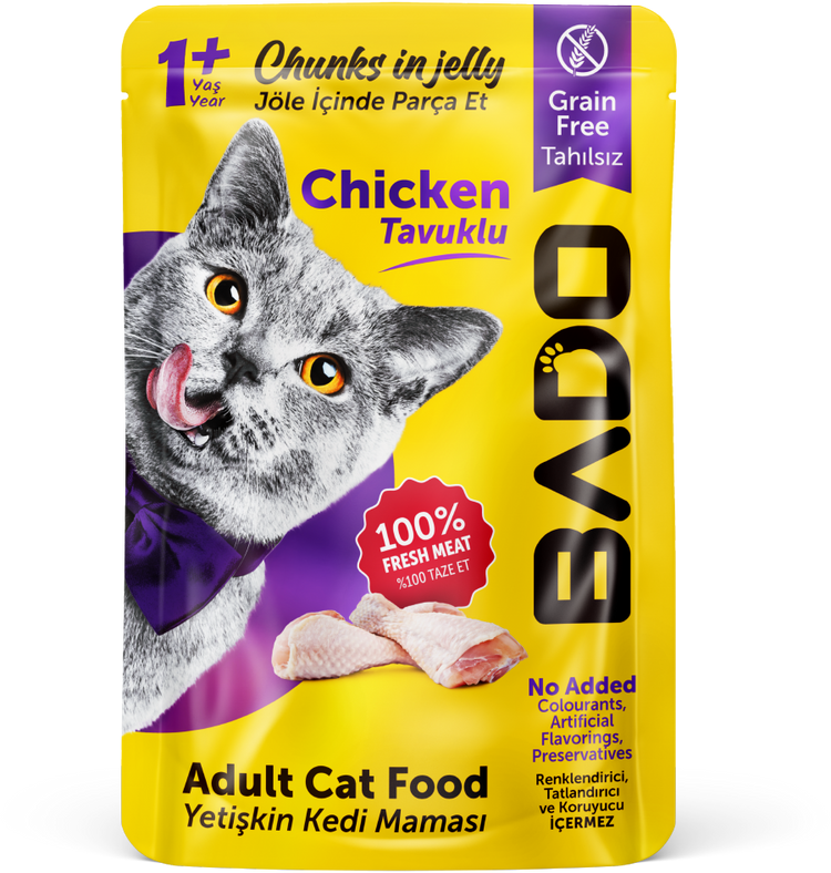 Bado wet cat food chunks in jelly with chicken, pouches 85 g