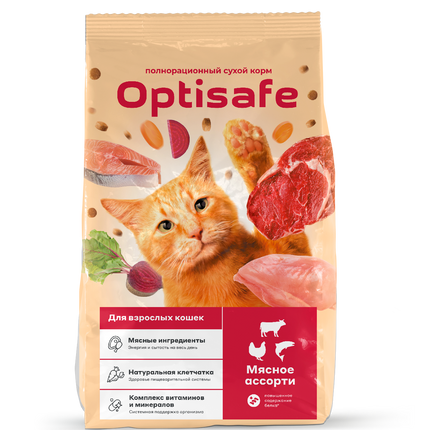 Корм «OPTISAFE» для взрослых кошек (Мясное Ассорти) 10кг