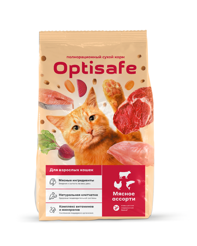 Корм «OPTISAFE» для взрослых кошек (Мясное Ассорти) 10кг